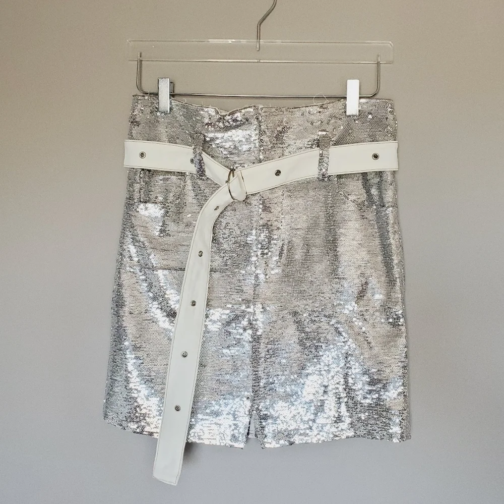 FINAL SALE Silver Sequin Belted Holiday Bling Cosplay NYE Mini Skirt